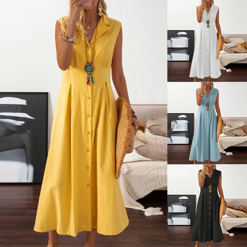 Vintage Solid Colour Cotton and Linen A-line Dress