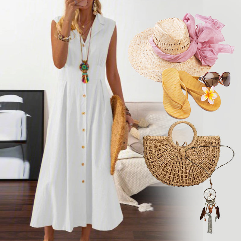 Vintage Solid Colour Cotton and Linen A-line Dress