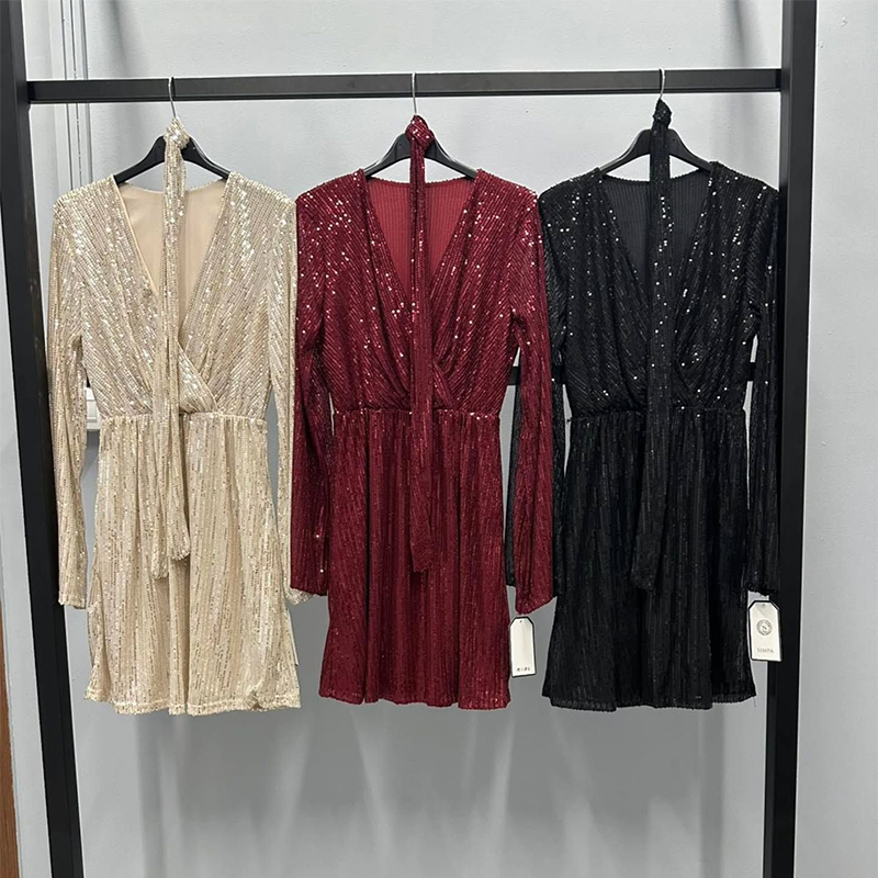 Robe longue Ă manches longues et col en V scintillant pour femme, avec ceinture Ă nouer Ă la taille