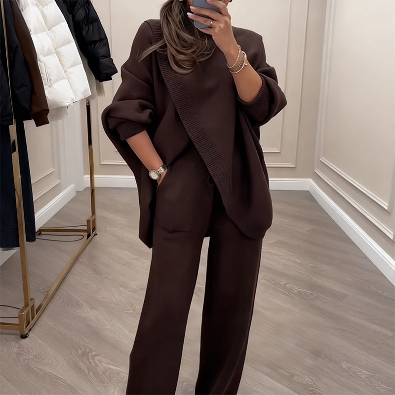 Ensemble 2 pièces femme – Pull asymétrique + pantalon large, coupe ample et tissu doux, ultra confortable