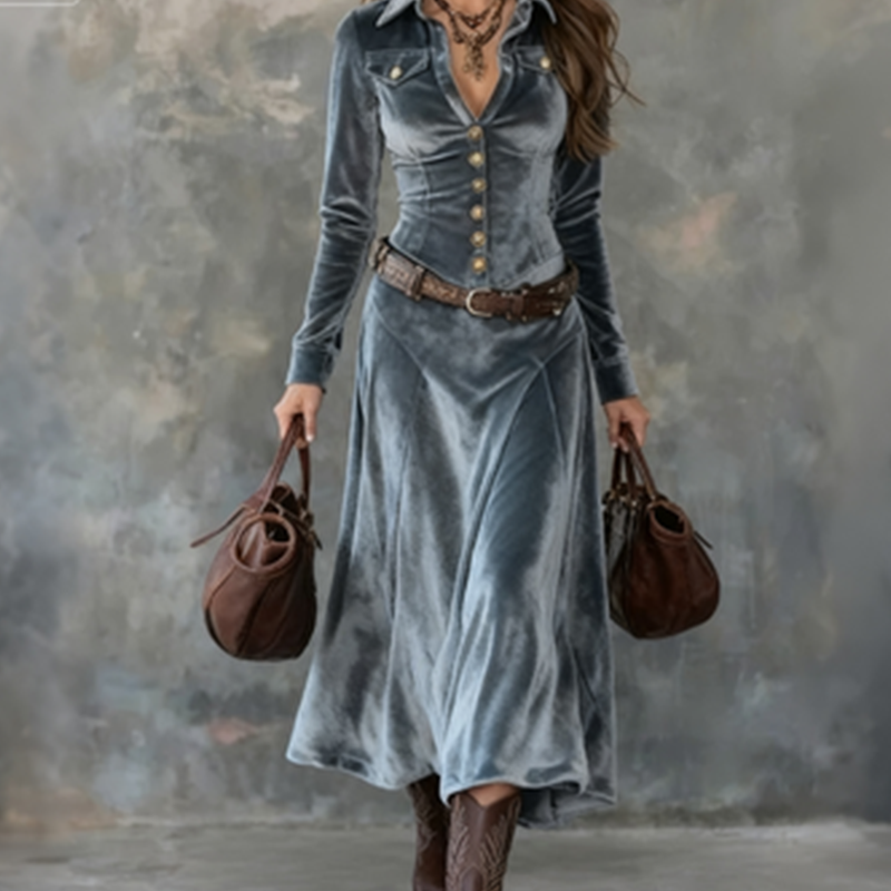 Robe longue à manches longues en velours pour femme