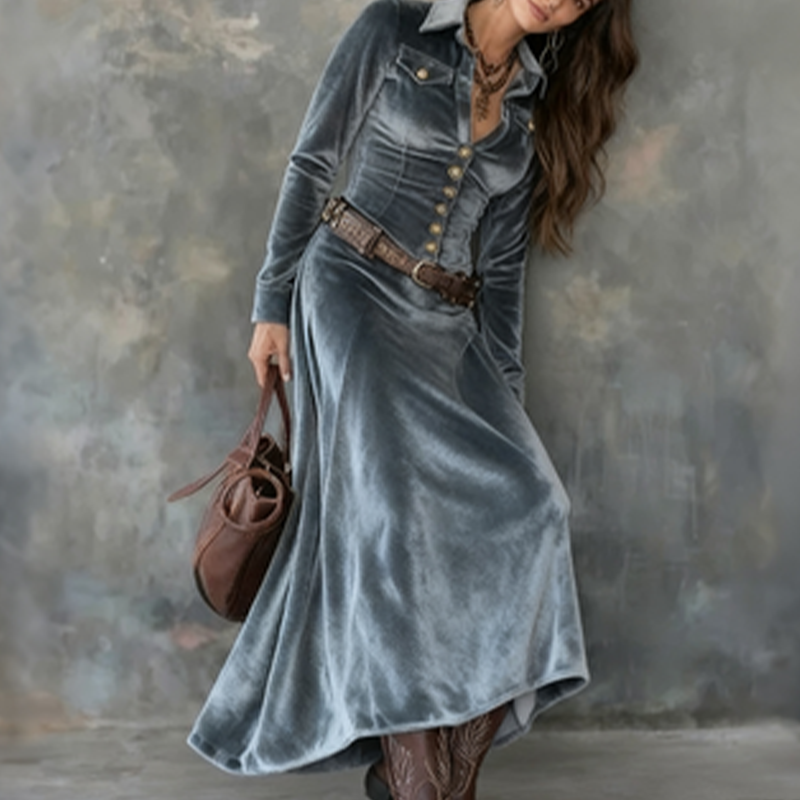 Robe longue à manches longues en velours pour femme