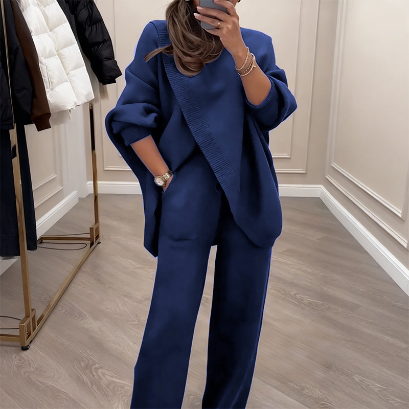 Ensemble 2 pièces femme – Pull asymétrique + pantalon large, coupe ample et tissu doux, ultra confortable