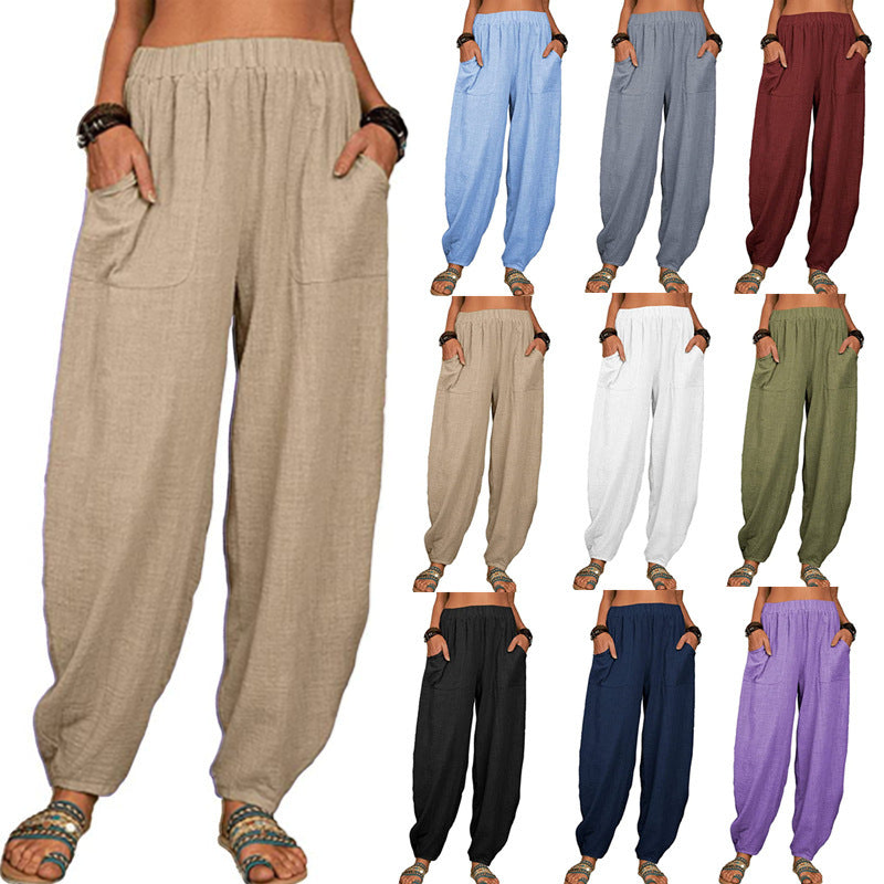 Pantalon ample droit large femme en coton et lin