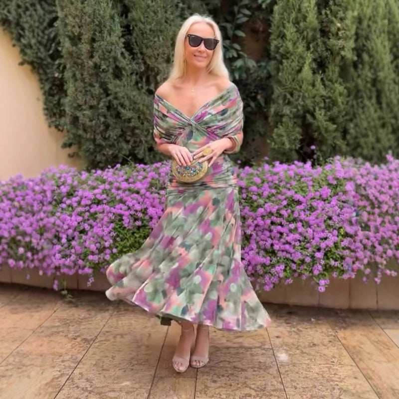 Robe imprimée à col V hors épaule pour femmes