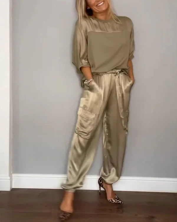 Ensemble Top et Pantalon en Satin Lisse à Manches Demi-longues
