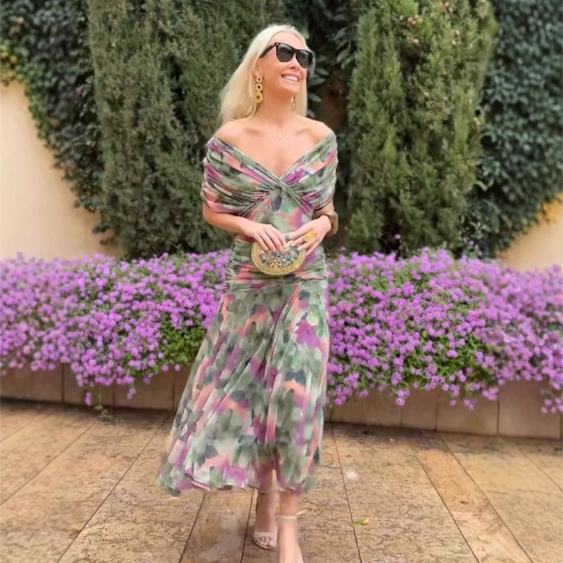 Robe imprimée à col V hors épaule pour femmes