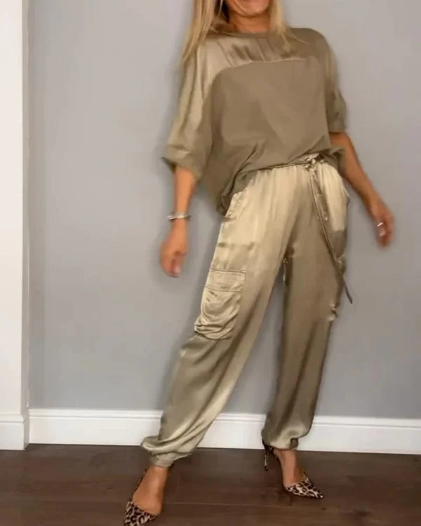 Ensemble Top et Pantalon en Satin Lisse à Manches Demi-longues