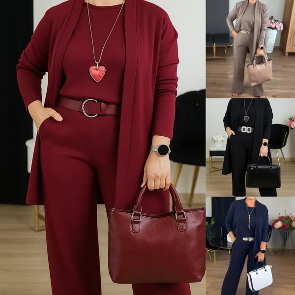 Ensemble 3 pièces élégant comprenant un cardigan long, un haut et un pantalon