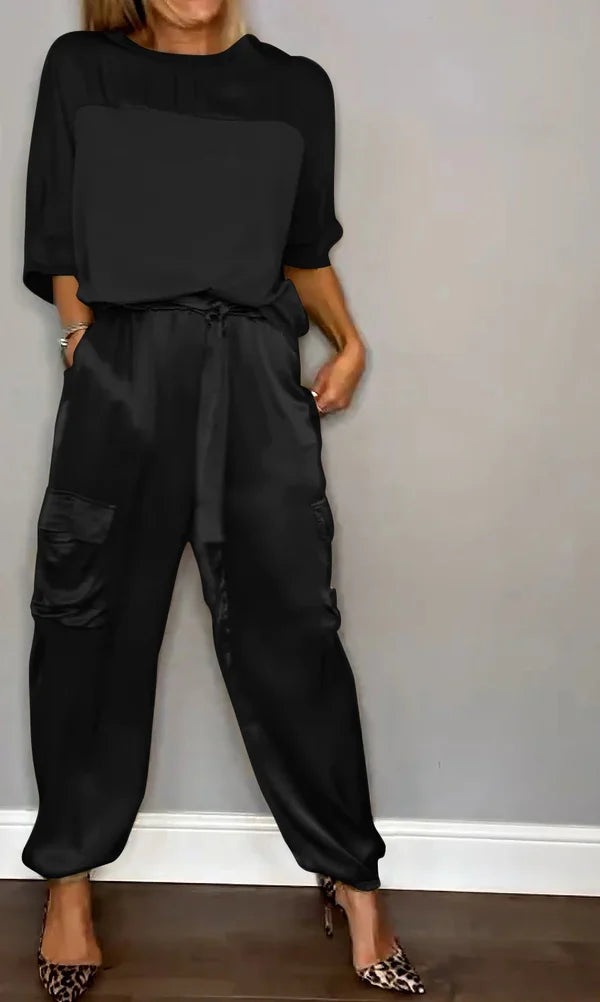 Ensemble Top et Pantalon en Satin Lisse à Manches Demi-longues