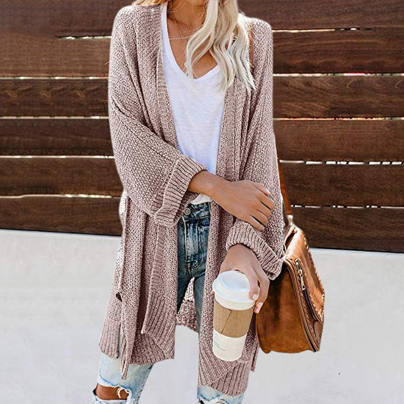 Long Cardigan Tricoté de Couleur Unie pour Femme