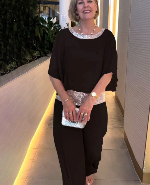 Ensemble deux pièces color block élégant et brillant à col rond