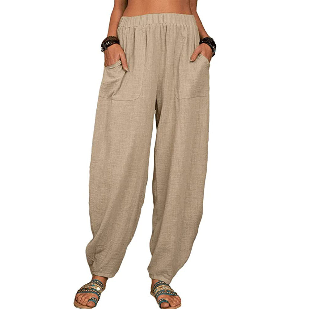 Pantalon ample droit large femme en coton et lin