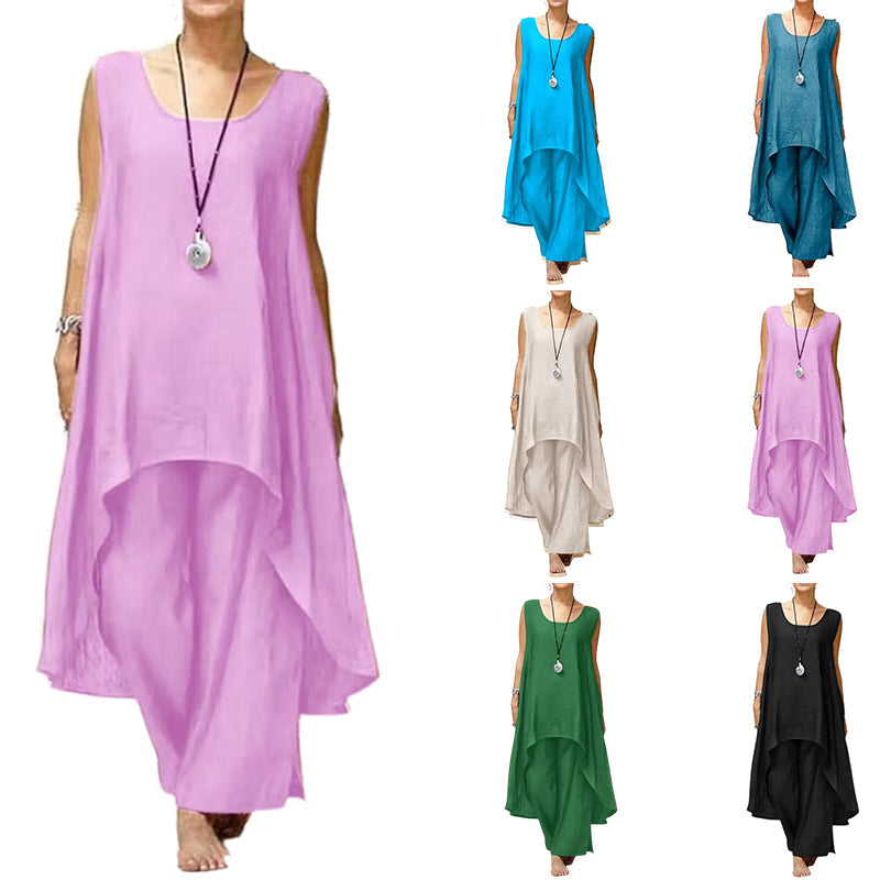 Ensemble deux pièces femme élégant grande taille en coton et lin