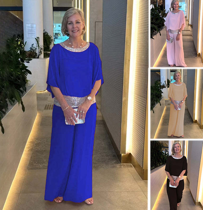 Ensemble deux pièces color block élégant et brillant à col rond