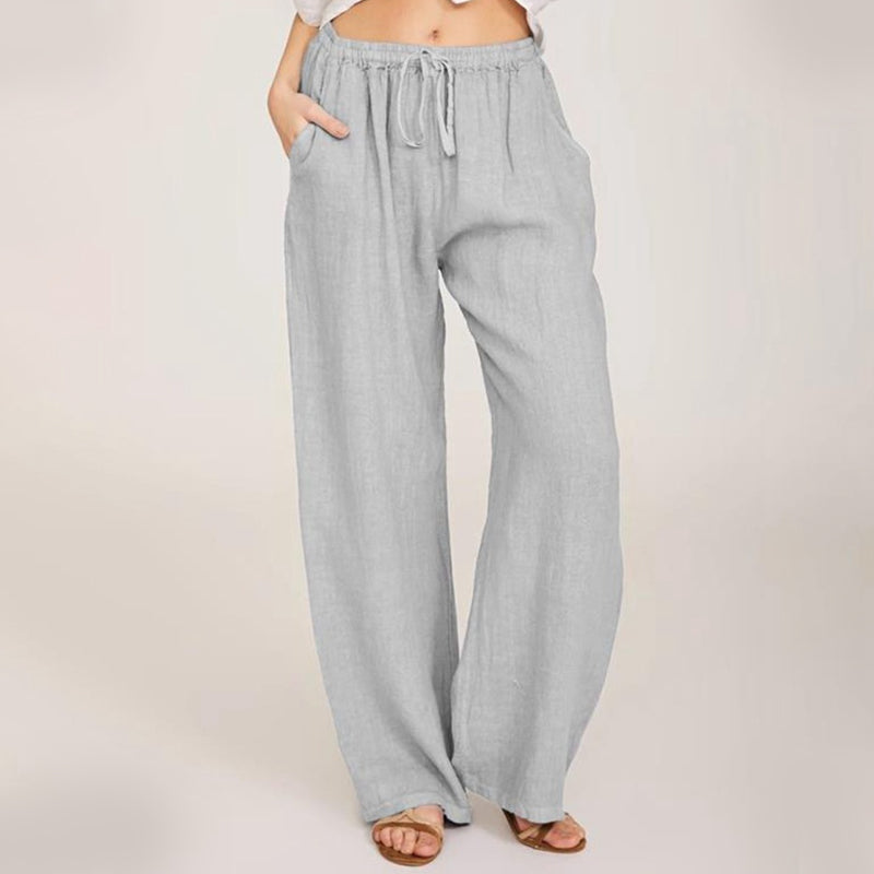 Pantalon large décontracté en coton et lin pour femme