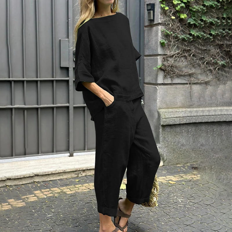 Costume décontracté en coton et lin de couleur unie pour femme