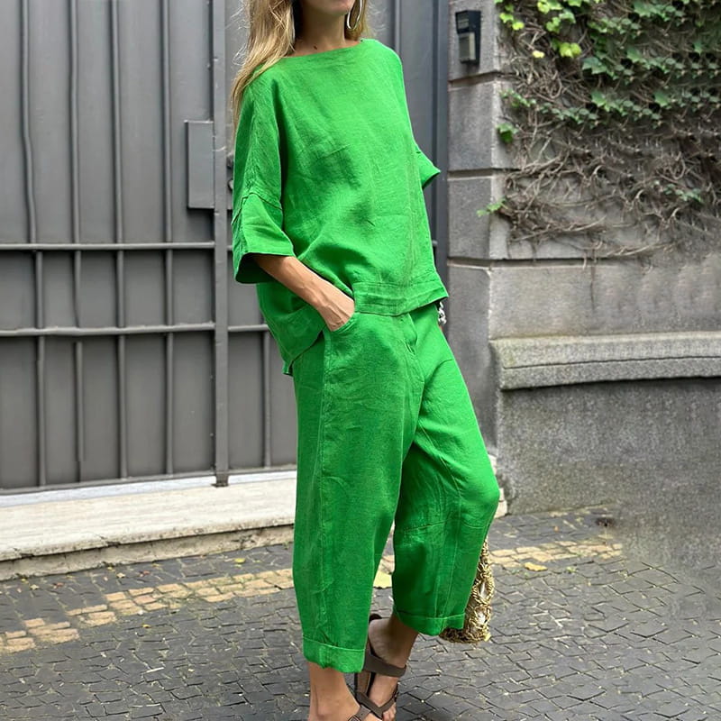 Costume décontracté en coton et lin de couleur unie pour femme