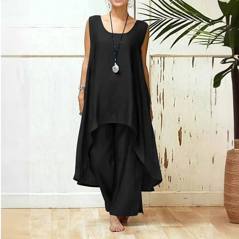 Ensemble deux pièces femme élégant grande taille en coton et lin