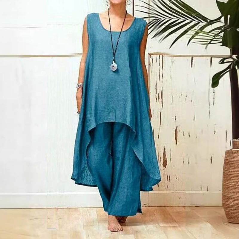 Ensemble deux pièces femme élégant grande taille en coton et lin