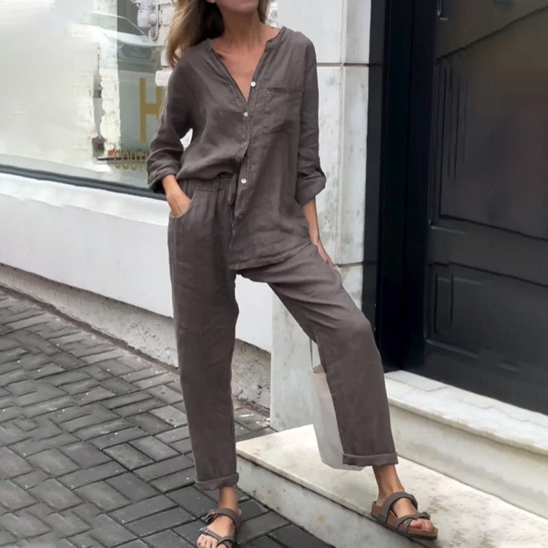 Ensemble 2 pièces en coton et lin pour femmes, grande taille