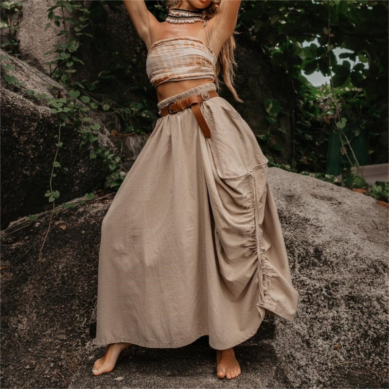 Jupe décontractée à larges poches latérales en coton et lin pour femmes