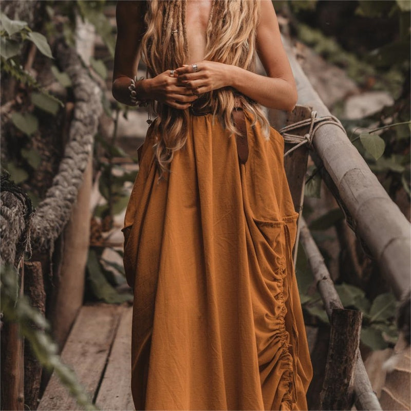 Jupe décontractée à larges poches latérales en coton et lin pour femmes