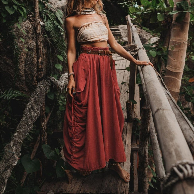 Jupe décontractée à larges poches latérales en coton et lin pour femmes