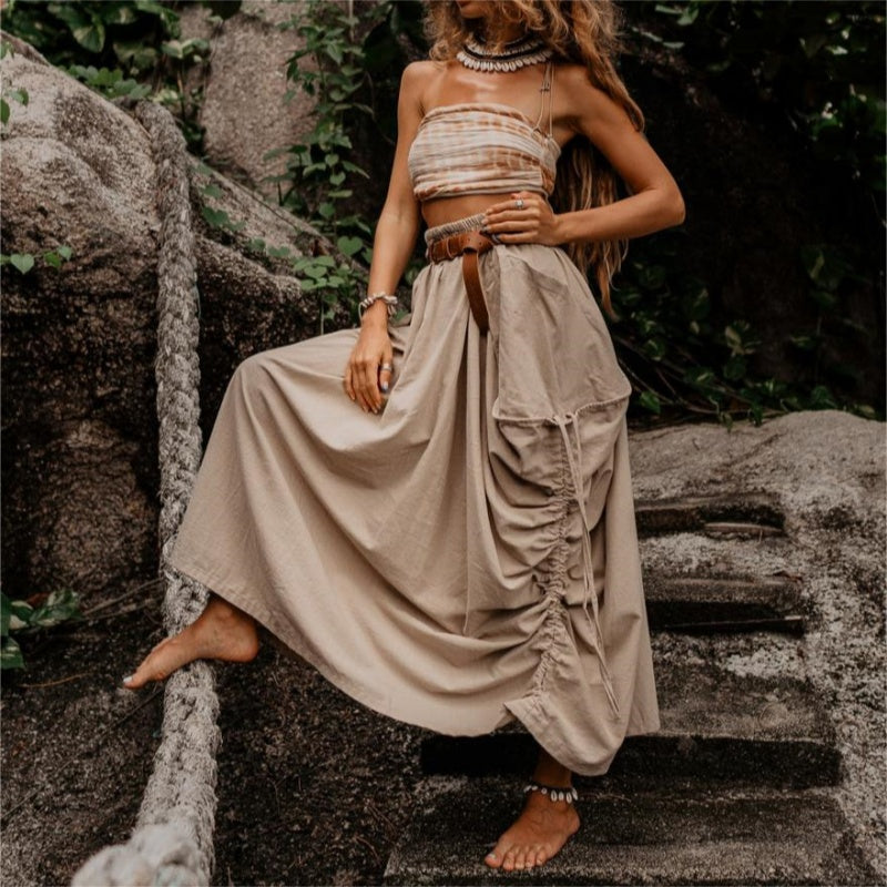 Jupe décontractée à larges poches latérales en coton et lin pour femmes