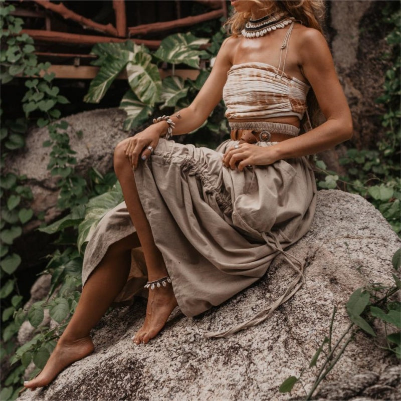 Jupe décontractée à larges poches latérales en coton et lin pour femmes