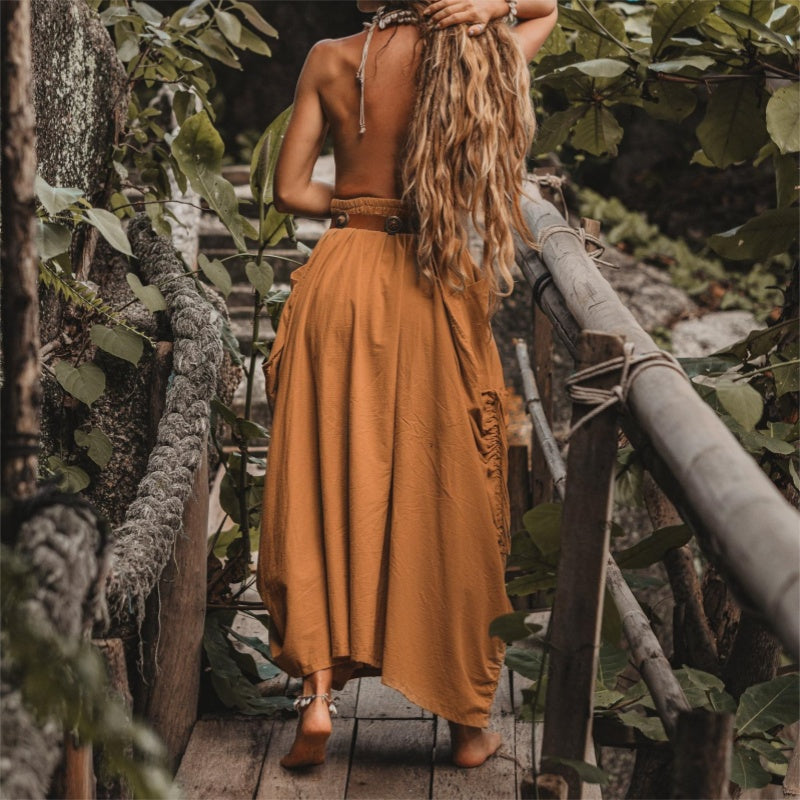 Jupe décontractée à larges poches latérales en coton et lin pour femmes