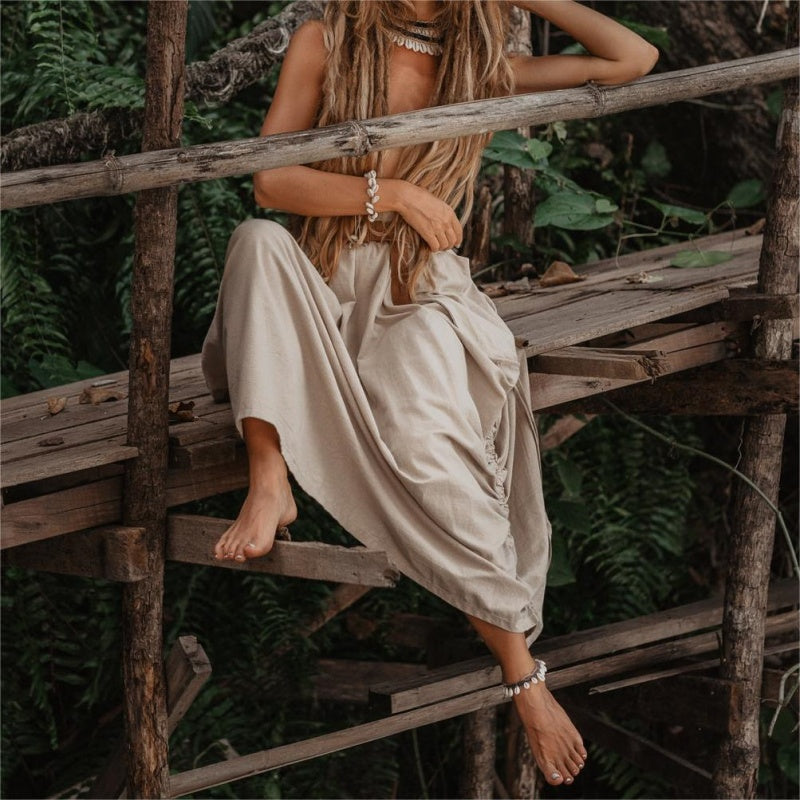 Jupe décontractée à larges poches latérales en coton et lin pour femmes