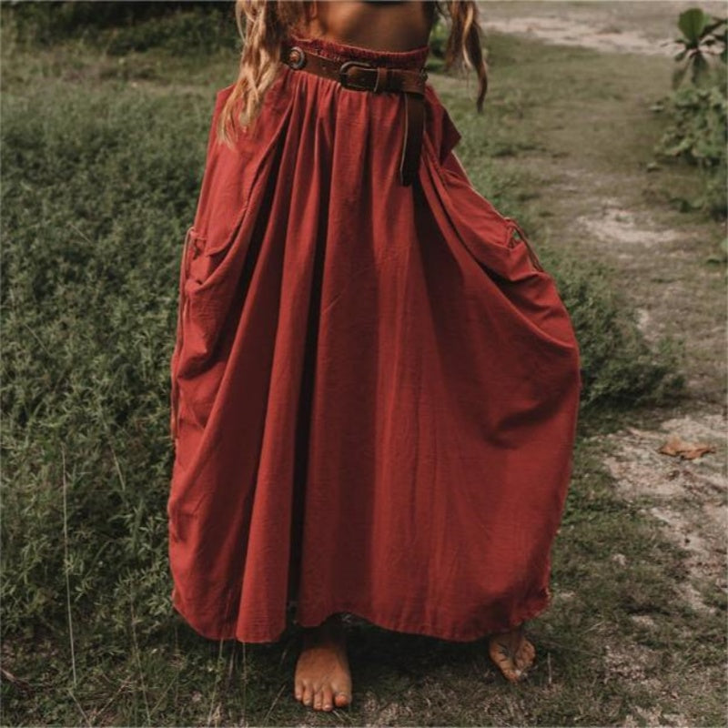 Jupe décontractée à larges poches latérales en coton et lin pour femmes