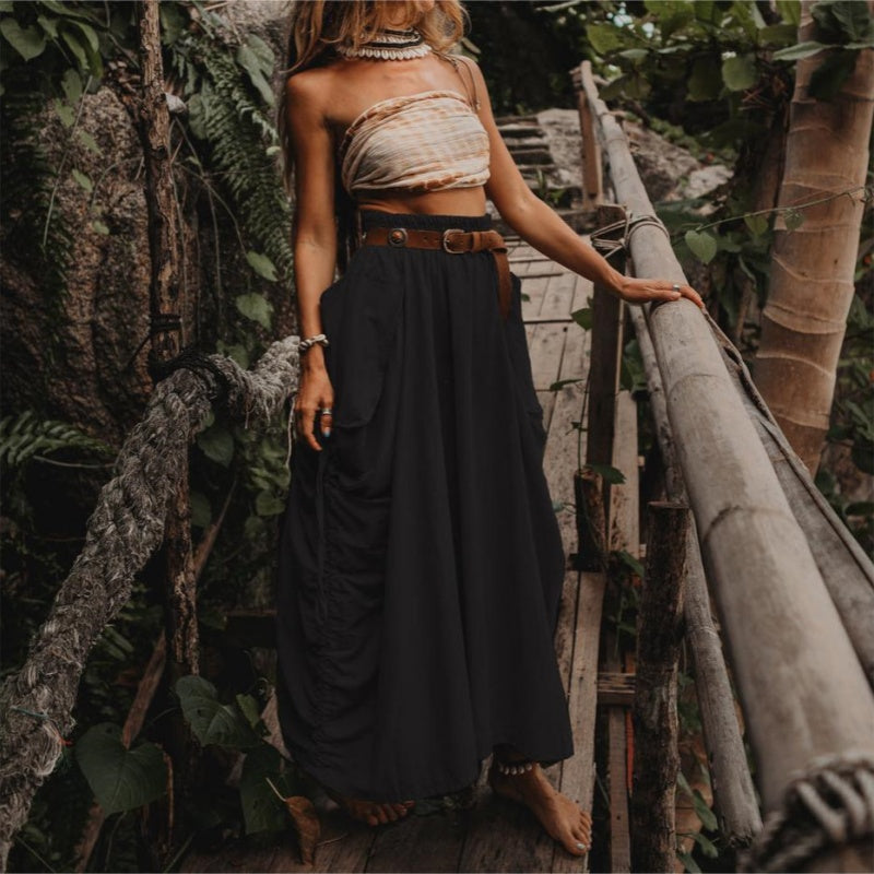 Jupe décontractée à larges poches latérales en coton et lin pour femmes