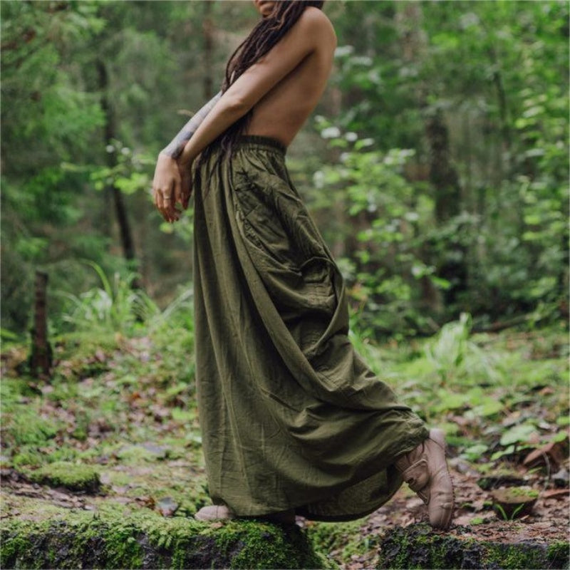 Jupe décontractée à larges poches latérales en coton et lin pour femmes