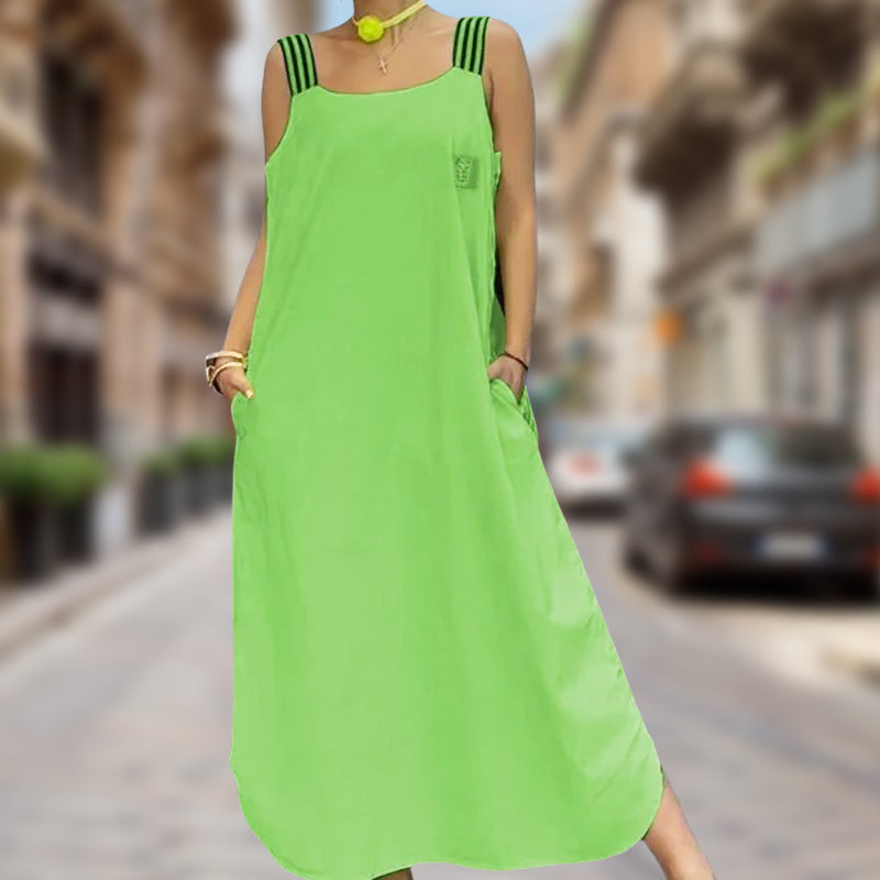 Robe décontractée en coton et lin à larges bretelles de couleur unie