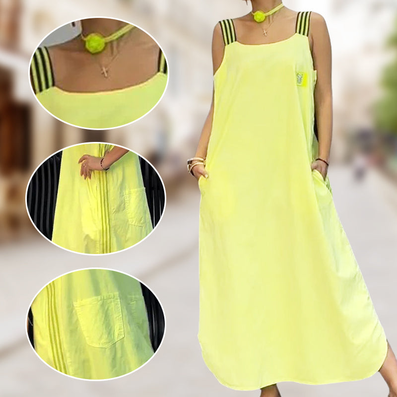 Robe décontractée en coton et lin à larges bretelles de couleur unie