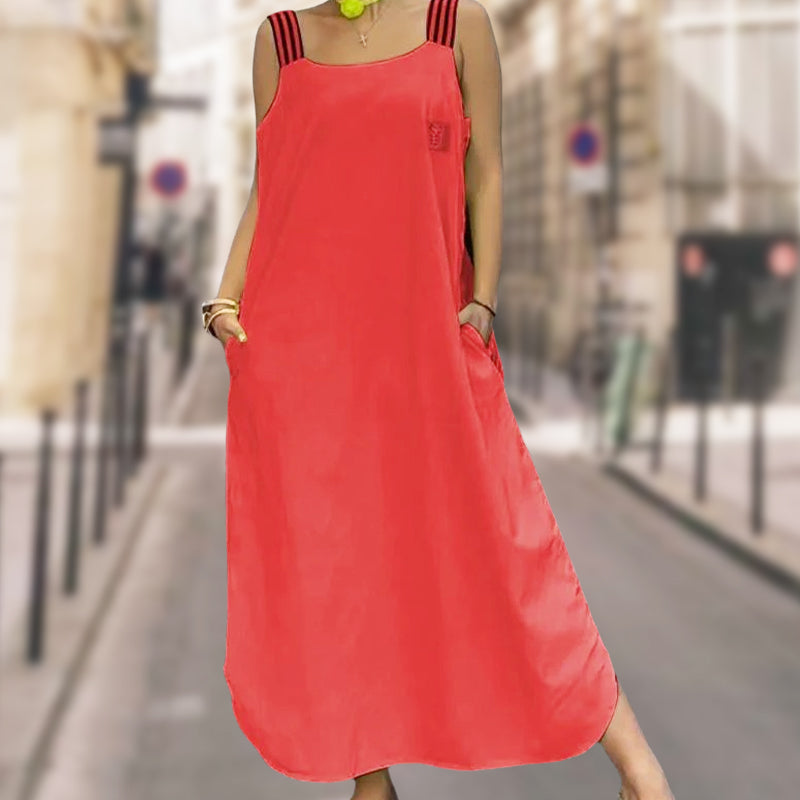 Robe décontractée en coton et lin à larges bretelles de couleur unie