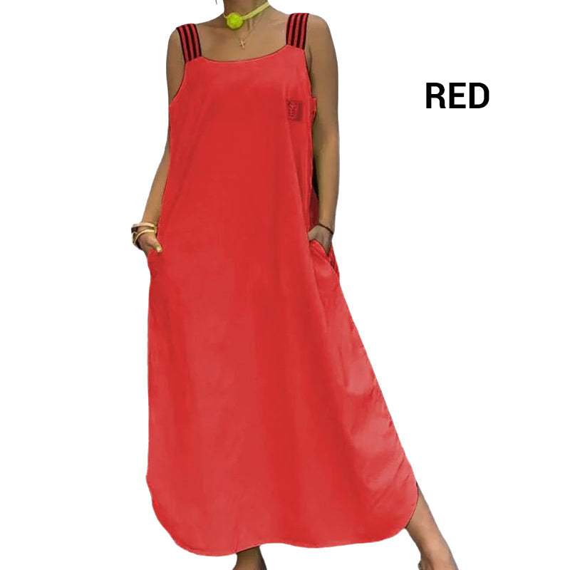 Robe décontractée en coton et lin à larges bretelles de couleur unie