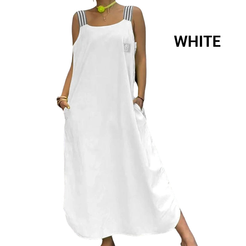 Robe décontractée en coton et lin à larges bretelles de couleur unie