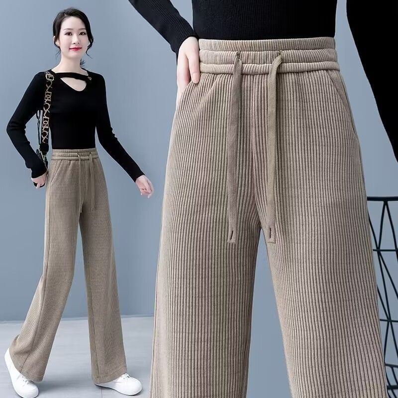 Pantalon épais pour femme, couleur unie, jambe droite et large, cordon de serrage