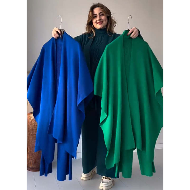 Costume trois pièces femme en maille stretch (haut + pantalon + châle)