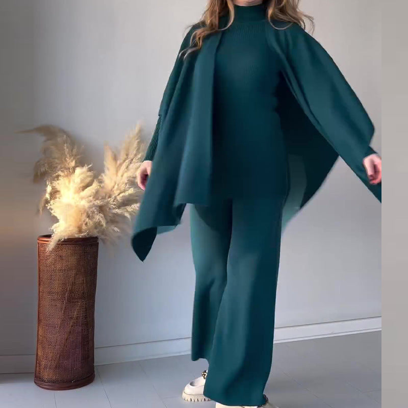 Costume trois pièces femme en maille stretch (haut + pantalon + châle)