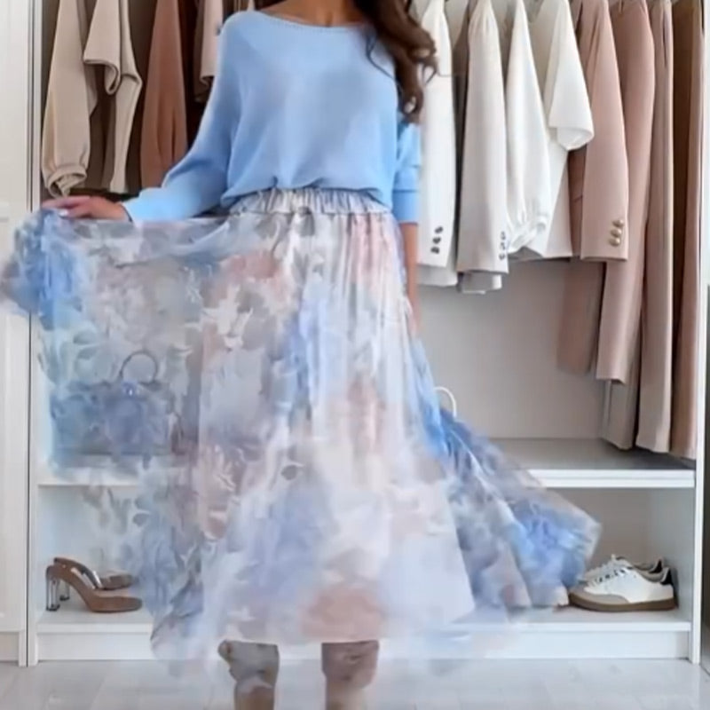 Ensemble bleu 2 pièces : haut avec nœud au dos et jupe en tulle