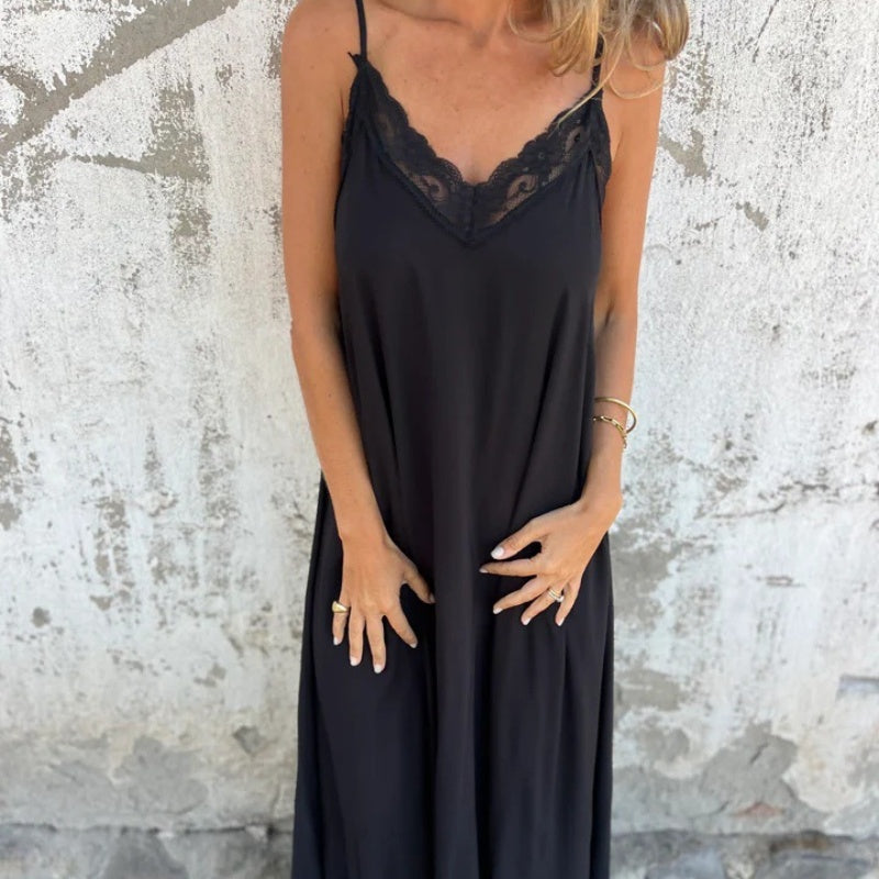 Elégante robe maxi décolleté V à bretelles spaghetti et dentelle pour femme