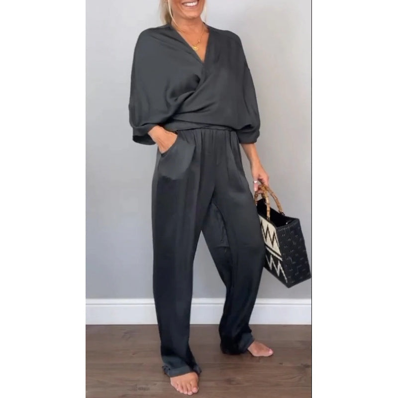 Ensemble 2 pièces élégant pour femme, haut à col en V et pantalon en coton mercerisé