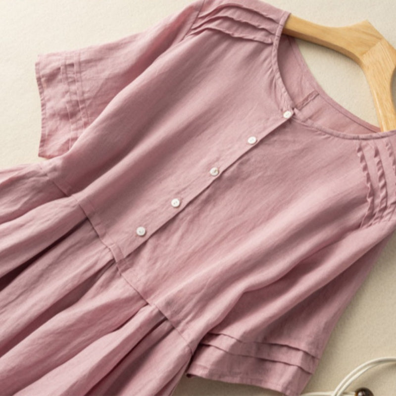 Robe à manches courtes en coton et lin de style rétro