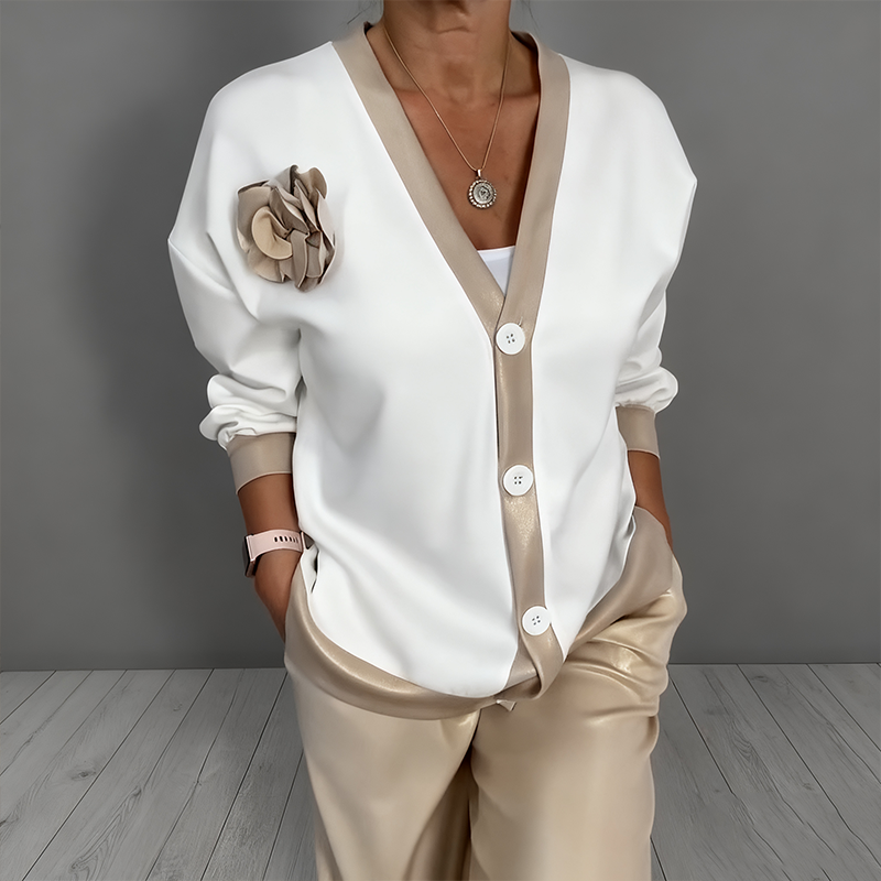 Ensemble 2 pièces pour femme composé d'un haut décolleté en V décontracté et d'un pantalon taille haute