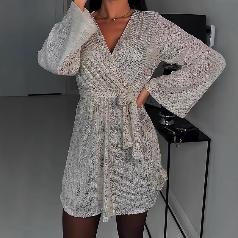 Robe longue à manches longues et col en V scintillant pour femme, avec ceinture à nouer à la taille