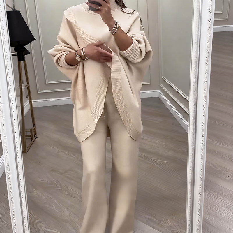 Ensemble 2 pièces femme – Pull asymétrique + pantalon large, coupe ample et tissu doux, ultra confortable